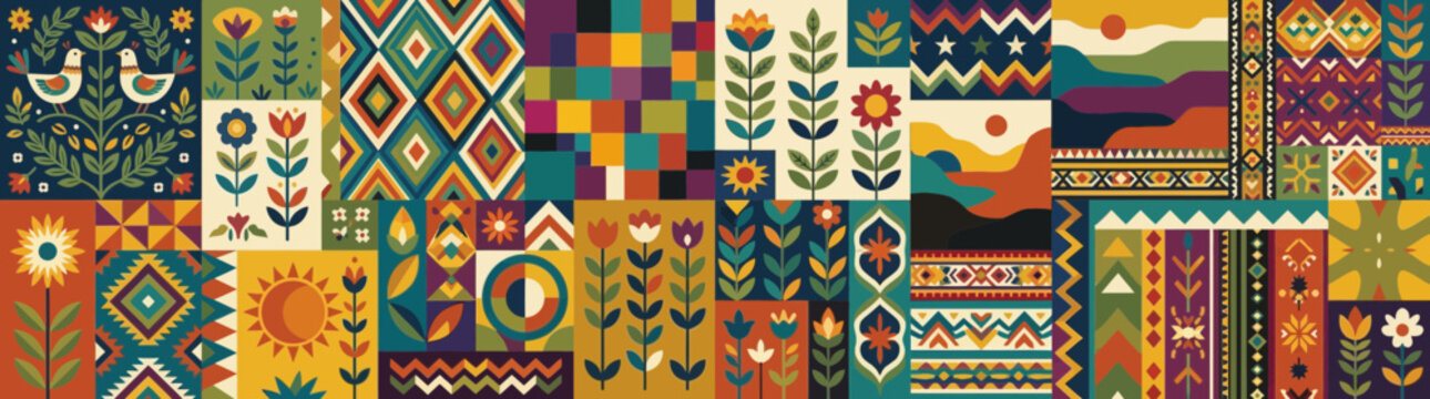 Folk Art Quilt Pattern with Flowers and Geometric Ethnic Motifs