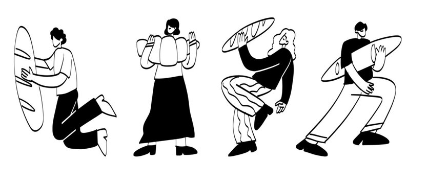 Black and white line art of cartoon characters holding huge baguette and croissant. Minimalist isolated elements for bakery menu design, pastry shop cafe banner, culinary branding, aesthetic kitchen