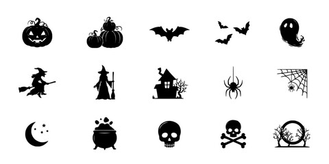Fototapeta premium Skull and Crossbones Icon Set with Pumpkin, Bats, and Halloween Symbols for Festive Vector Graphics Background