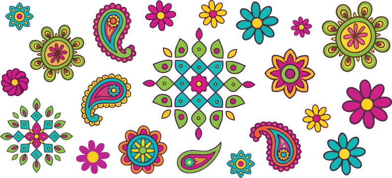 Vibrant Diwali Rangoli Mandalas and Paisley Motif Clipart Sheet