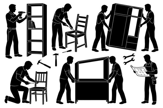 Silhouette of men assembling furniture: tools, shelves, chairs, cabinets, instructions.