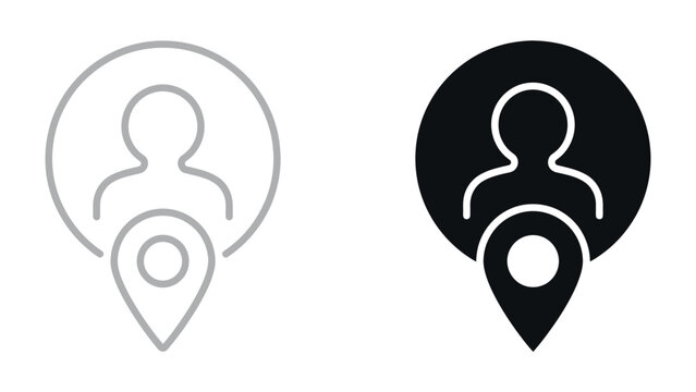 User Profile and Location Icon: Two stylized icons depicting a user profile with a location pin, representing personal identification and geographical positioning in a digital or navigational context.