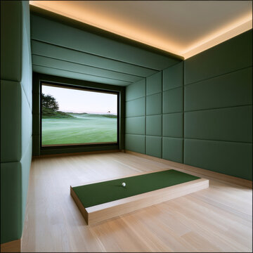 Private indoor golf simulator bay with green padded walls, wood floor, large window, modern lighting, and golf mat for practice