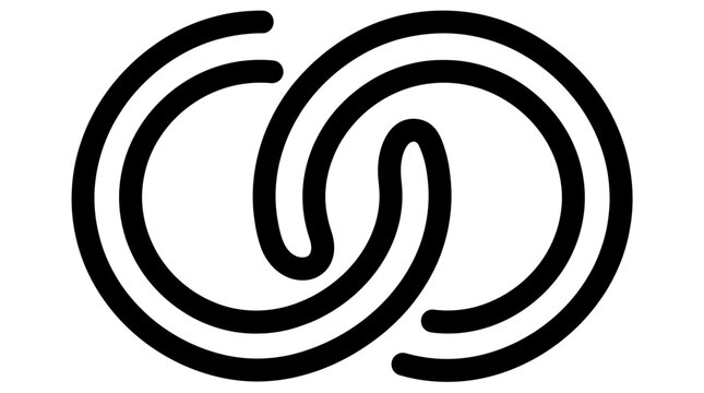 Minimalist black and white graphic design featuring two interlocking circular shapes with bold clean lines on a white background