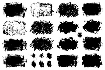 Fototapeta premium Set of 16 grunge ink textures with rough brushstroke patterns.
