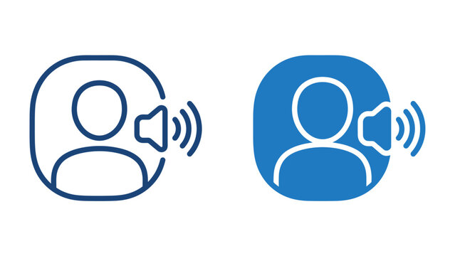 Voice Assistant Icon Set: A clear and modern set of icons representing voice commands, voice assistant, and user interface communication, in both outline and filled blue styles.