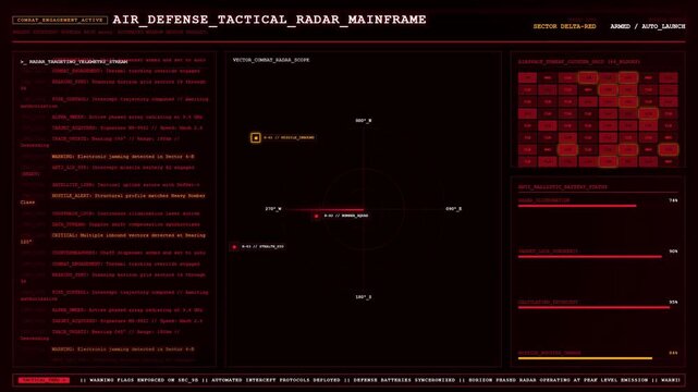 Air Defense Tactical Radar Mainframe Missile Intercept Combat Engagement Animation Red Loop.