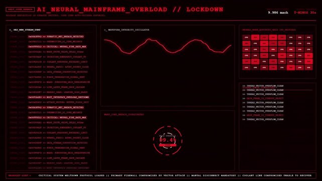 AI Neural Mainframe Overload Lockdown System Crash Warp Core Breach Animation Red Loop.
