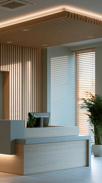 Modern medical reception desk, minimalist wood panel wall, indoor plant, natural light, clean waiting area, contemporary style