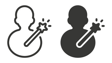 Magic Wand Icon: A stylized icon representing a person holding a magic wand, depicted in both outline and solid silhouette styles, symbolizing creativity, transformation, and innovation. © Mdalamgir