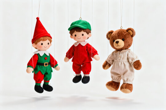 Three string puppets: an elf, a boy, and a teddy bear, hanging against a plain white background.
