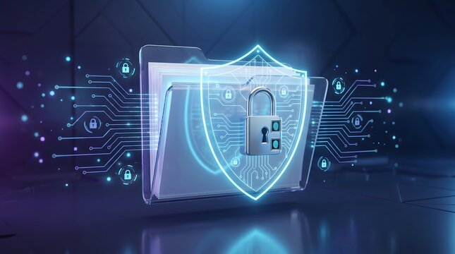 Advanced cybersecurity data protection concept with glowing shield and locked digital folder for privacy compliance