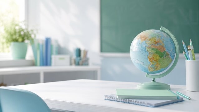 Globe and Notebooks on Bright Classroom Desk