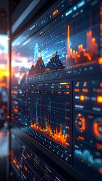 A futuristic computer screen displays various data graphs and charts