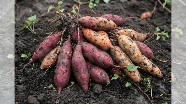 Freshly harvested sweet potatoes in garden soil root vegetables