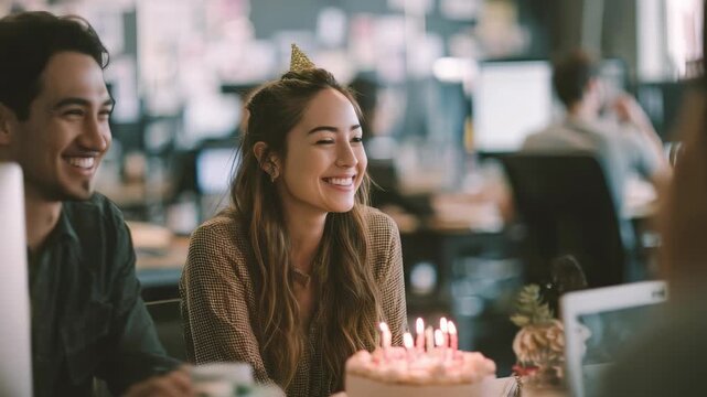 A cheerful birthday celebration takes place in a contemporary office setting, featuring a happy woman surrounded by colleagues. The scene captures friendship, happiness, and workplace culture