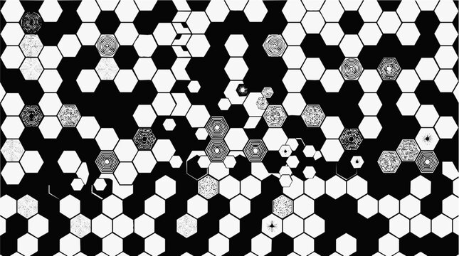Abstract hexagon honeycomb geometric backdrop in black and white featuring monochrome fence patterns and complex digital maze textures for modern