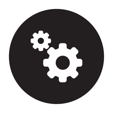 Two white gear icons against a solid black circular background simple flat design