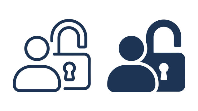 User Profile Unlocked: A clean, modern icon set featuring a stylized person symbol next to an open padlock, representing access, security, or unlocked status in a digital context.