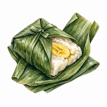 Watercolor Nagasari Indonesian Traditional Steamed Rice Flour Cake with Banana Isolated on White Background