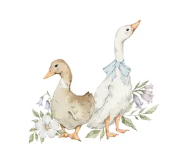 Cute watercolor goose with bow, flowers, leaves. Domestic birds, ducks, geese, cottagecore hand-drawn illustration © Kate K.