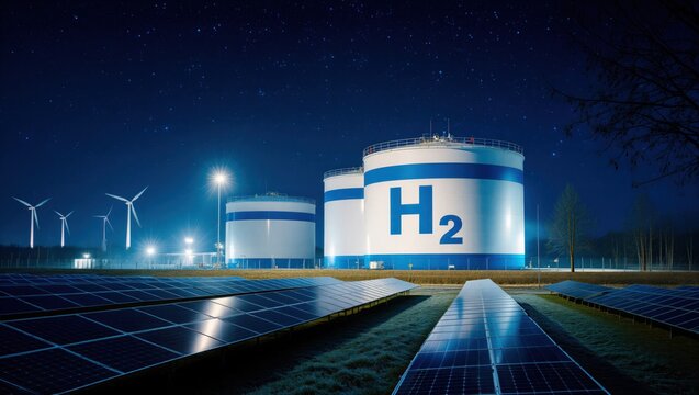Green hydrogen plant with storage tanks wind turbines and solar panels for renewable clean energy and sustainable power industry- 3D rendering
