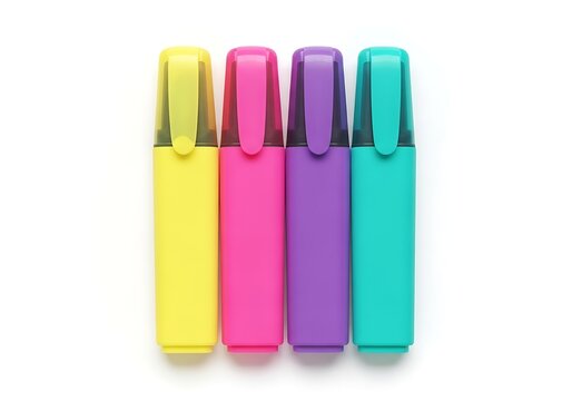 Four colorful highlighter pens in bright yellow pink purple and blue standing in a row