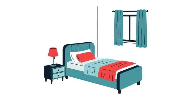 Teal bedroom interior with bed and lamp.