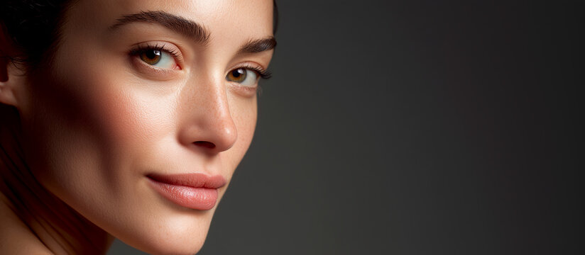 Close Up Portrait of a Beautiful Young Woman with Radiant Glowing Skin and Elegant Natural Makeup Against Dark Background Banner