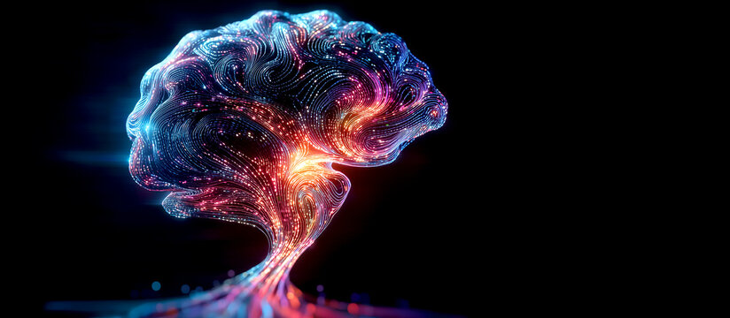 Futuristic Artificial Intelligence Concept with Human Brain Tree Formed by Glowing Neon Light Fibers and Digital Data Particles on Black Background Banner