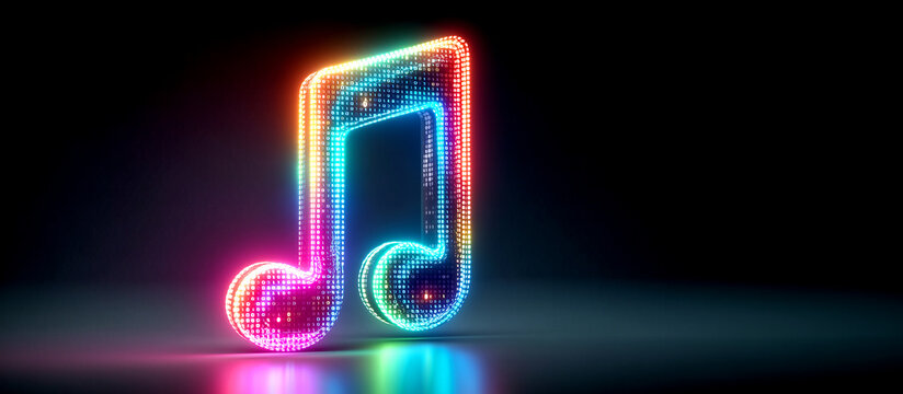 Futuristic Musical Note Symbol with Glowing Rainbow Neon Matrix and Binary Code Data on Black Reflective Background Banner
