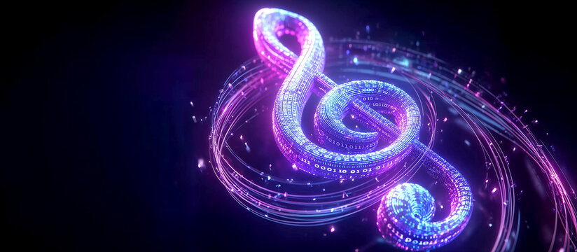 Futuristic Treble Clef Symbol with Glowing Purple and Blue Neon Matrix Data Circles on Black Background Banner