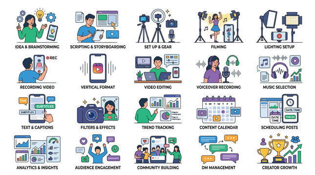 Illustrated infographic icons for video production workflow steps Vector, illustration