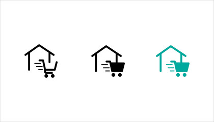 Outline icon set. of a shopping cart entering a house representing home delivery, online orders, and doorstep service. © Muhammad