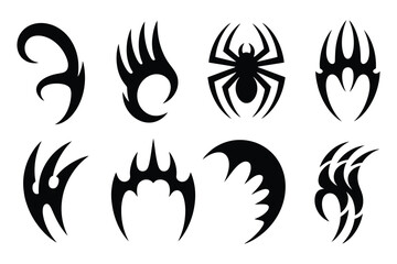 Naklejka premium Set of eight tribal style black tattoo designs featuring sharp curves and a stylized spider symbol
