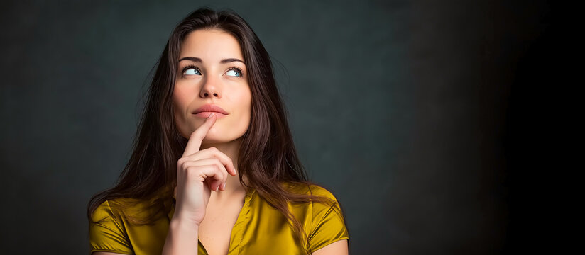 Thoughtful Young Woman Looking Up and Thinking with Finger on Lips Against Dark Textured Background Banner