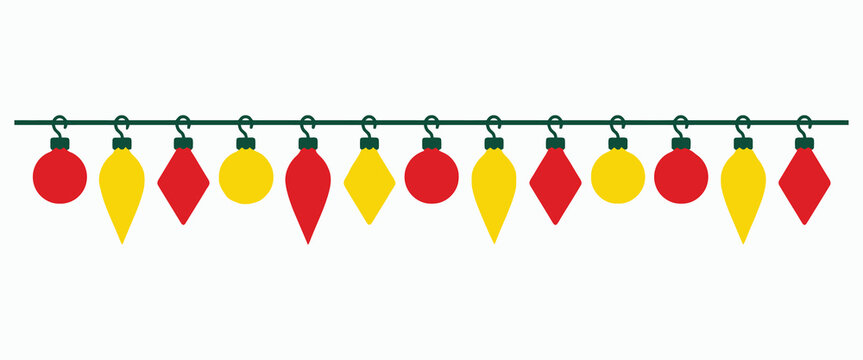 Colorful Christmas string lights festive hanging bulb garland flat vector decoration isolated on white background