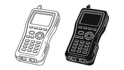 Network Cable Tester: A white and black illustration of a handheld network cable tester device, featuring a digital screen, keypad, and ports for connectivity. © md1