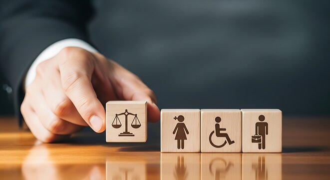 Person arranging blocks with symbols of justice, gender, disability, & inclusion on a wood surface