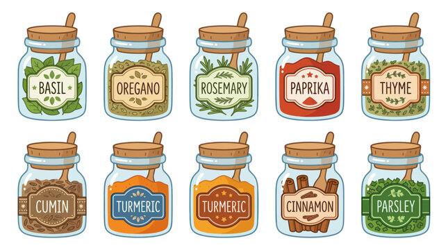 Spices in glass jars on white.