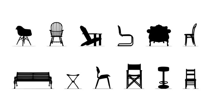 Chair and Bench Icons Set of Furniture Silhouettes in Minimalist Line Style for Interior Design Concept