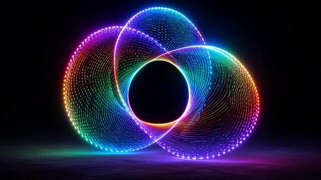 Intertwined glowing rainbow rings rotating in a seamless loop on a dark, reflective surface