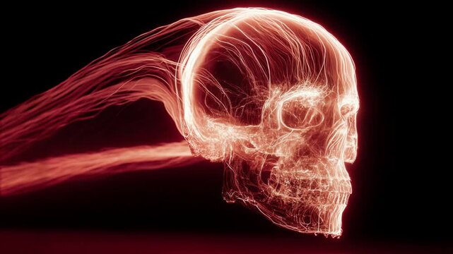 Abstract human skull made of red light particles flying through a dark space with motion trails