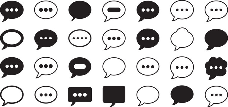 speech or thought bubble icons set, set of minimalist speech and thought bubble icons in flat design style