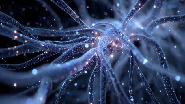 Blue neuron cell sending electrical impulses and signals through its nervous system network