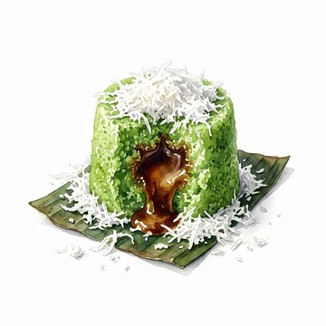 Watercolor Kue Putu Indonesian Traditional Pandan Cake with Liquid Palm Sugar and Grated Coconut Isolated on White Background