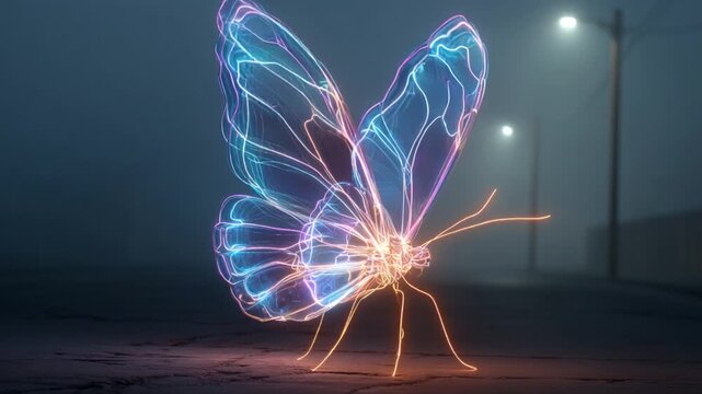 Mystical neon butterfly flapping its wings on a foggy street at night with streetlights