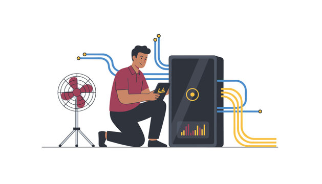 IT technician kneels beside a computer server tower to analyze network data on a tablet while ensuring cooling with a nearby desk fan.