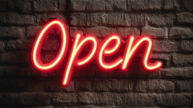 Glowing red neon light sign with the word open flickering on a dark vintage brick wall background