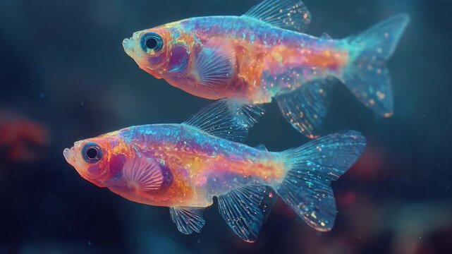 Pair of small, transparent danio rerio fish with vibrant, glowing bodies swimming in dark water